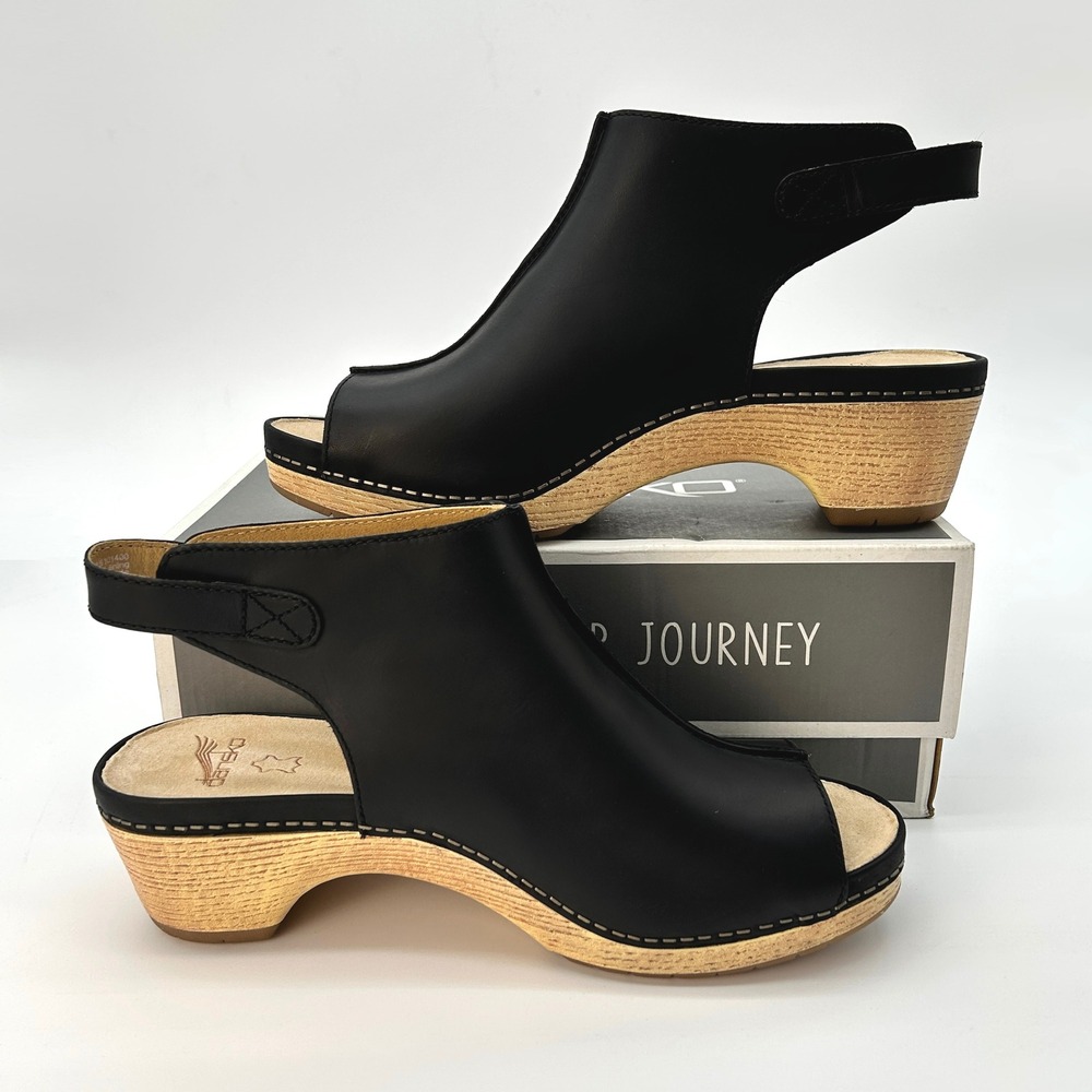 Dansko Lizzy Peep Toe Sandals Womens Sz 10.5 (41 EU) Black Leather Slingback NEW - Picture 2 of 7